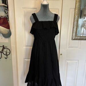 J. Crew Black Pin-dot, Square neck, tiered dress. Size six